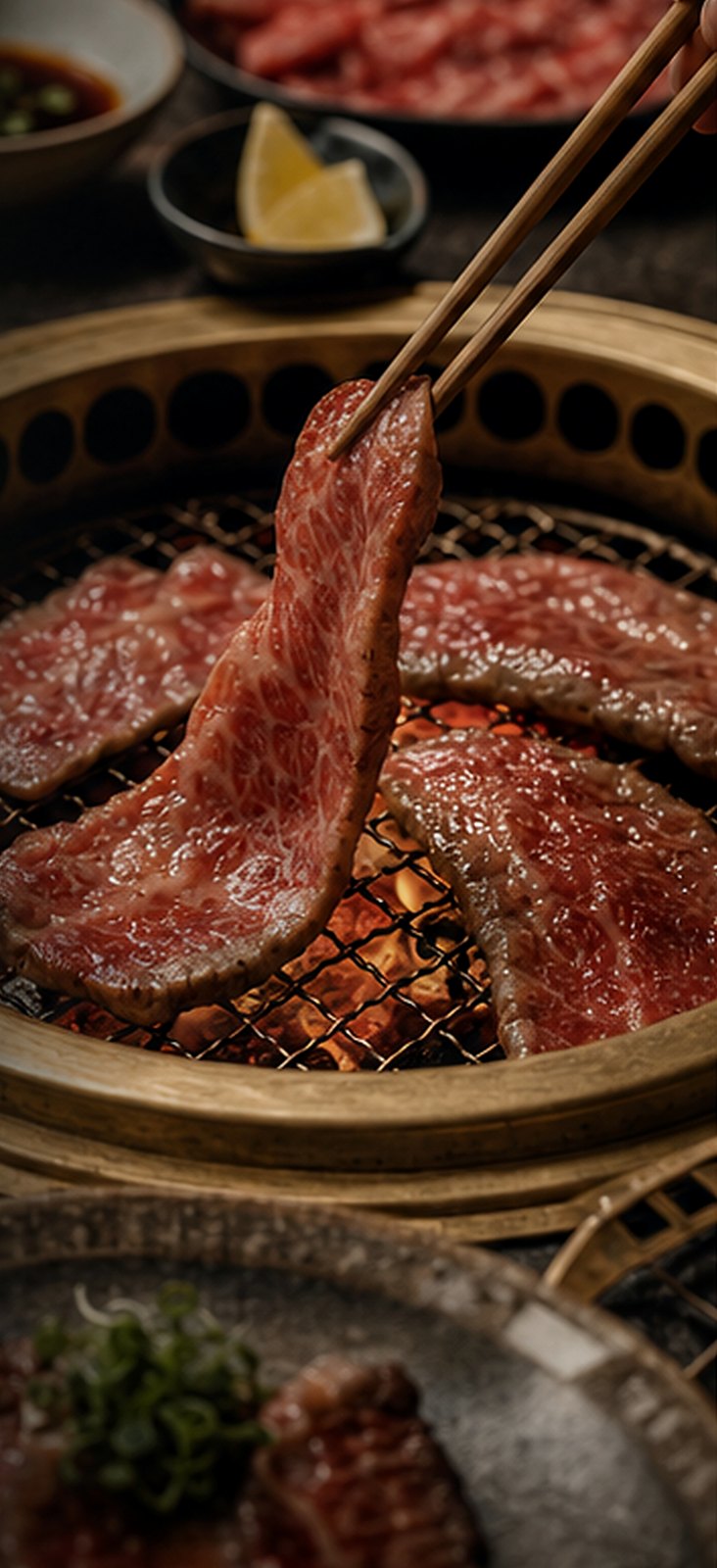 Thin Oishi Reserve slices over a yakiniku grill